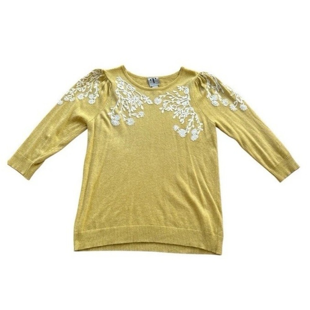 Rain+Rose Angora Blend Floral Embroidery Sweater Medium Yellow/White Puff Sleeve